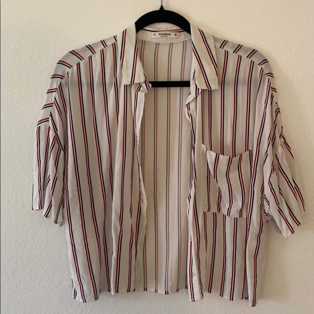 Pull & Bear striped button down cropped blouse
